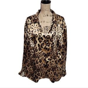 Spenser Jeremy Woman Leopard Print Satin Button Down Blouse‎ Shirt Top 3X
